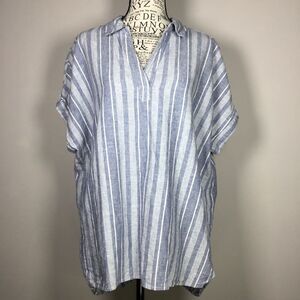 Coastal Grandma 55% linen 45% cotton blue white striped pullover top sz L